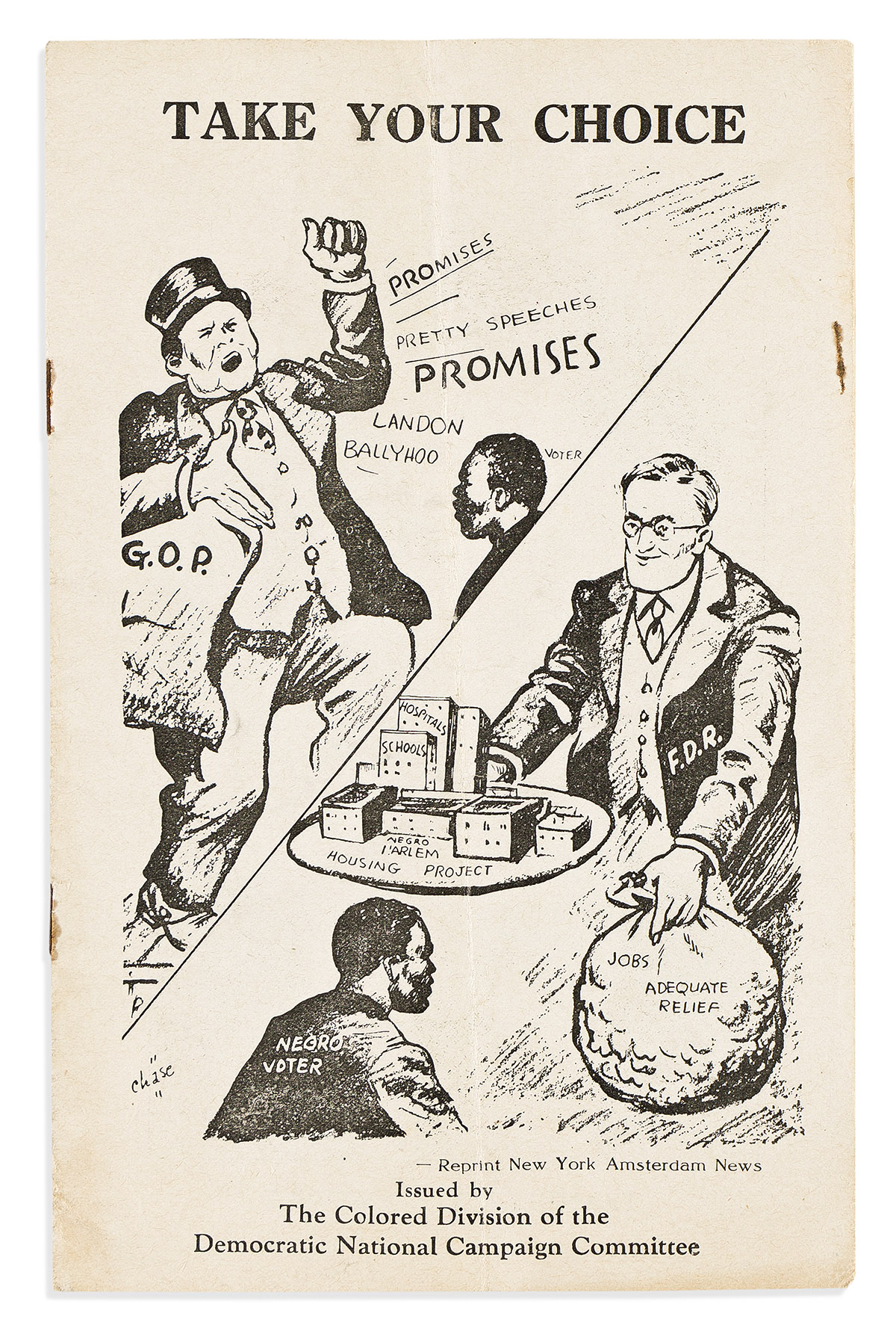 (POLITICS.) A Franklin D. Roosevelt pamphlet titled "Take Your Choice," issued by the campaign's "Colored Division."